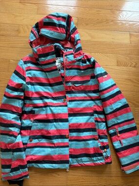 Roxy women' Coral, Teal & Black Striped Snow Jacket